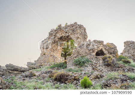 Aspendos Ancient City. Aspendos acropolis city ruins, cisterns, aqueducts and old temple. Aspendos Antalya Turkey. turkiye Aspendos Ancient City. Aspendos acropolis city ruins, cisterns, aqueducts and old temple. Aspendos Antalya Turkey. turkiye 107909590