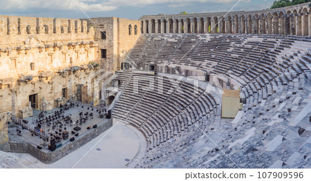 Aspendos Ancient City. Aspendos acropolis city ruins, cisterns, aqueducts and old temple. Aspendos Antalya Turkey. turkiye Aspendos Ancient City. Aspendos acropolis city ruins, cisterns, aqueducts and old temple. Aspendos Antalya Turkey. turkiye 107909596
