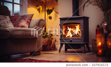 在帶壁爐的冬季住宅中放鬆 使用爐灶壁爐 AI 生成的圖像 107910172
