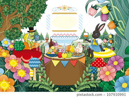 兔子和烏龜/野兔和烏龜好朋友聚會插圖與複製空間 107910991