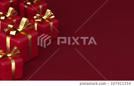 Realistic 3d red gift boxes on a red background. 3d rendering Realistic 3d red gift boxes on a red background. 3d rendering 107911354