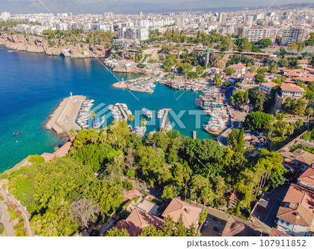 View of old Antalya from a drone or bird's eye view. This is the area of the old city and the old harbor 107911852