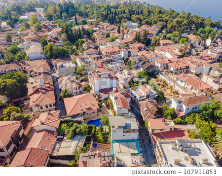 View of old Antalya from a drone or bird's eye view. This is the area of the old city and the old harbor View of old Antalya from a drone or bird's eye view. This is the area of the old city and the old harbor 107911853