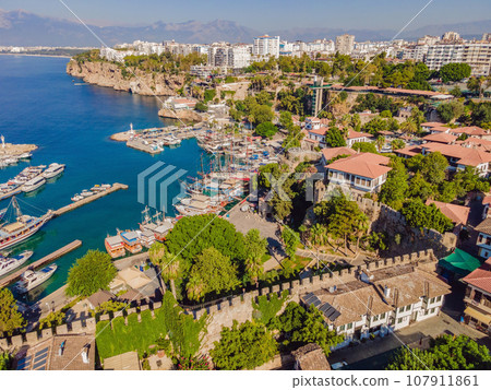 View of old Antalya from a drone or bird's eye view. This is the area of the old city and the old harbor 107911861