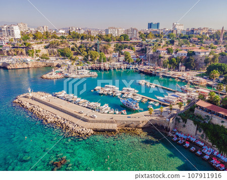 View of old Antalya from a drone or bird's eye view. This is the area of the old city and the old harbor View of old Antalya from a drone or bird's eye view. This is the area of the old city and the old harbor 107911916