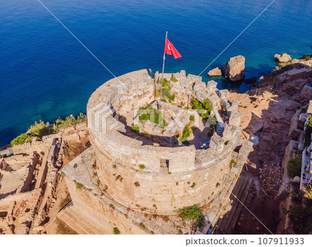Hidirlik Tower, landmark of old town in Antalya Turkey. Drone view Hidirlik Tower, landmark of old town in Antalya Turkey. Drone view 107911933