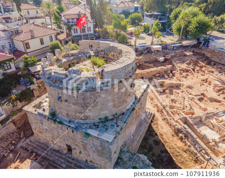 Hidirlik Tower, landmark of old town in Antalya Turkey. Drone view Hidirlik Tower, landmark of old town in Antalya Turkey. Drone view 107911936