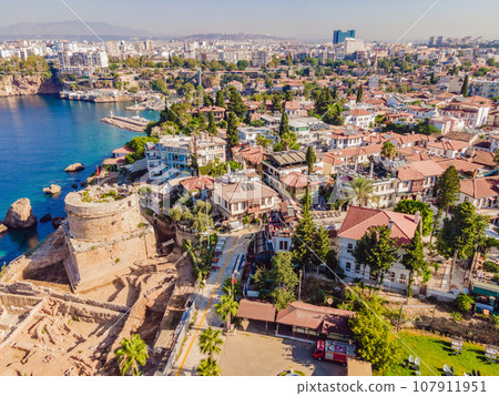 Hidirlik Tower, landmark of old town in Antalya Turkey. Drone view Hidirlik Tower, landmark of old town in Antalya Turkey. Drone view 107911951