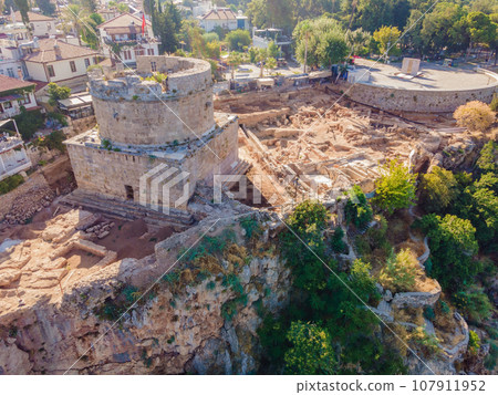 Hidirlik Tower, landmark of old town in Antalya Turkey. Drone view Hidirlik Tower, landmark of old town in Antalya Turkey. Drone view 107911952