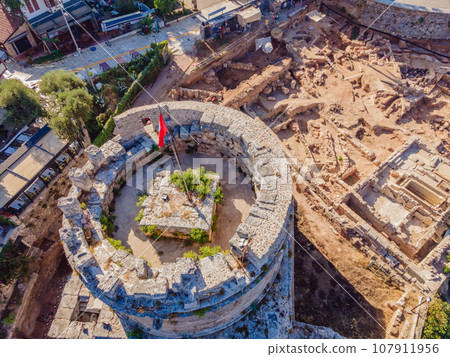 Hidirlik Tower, landmark of old town in Antalya Turkey. Drone view Hidirlik Tower, landmark of old town in Antalya Turkey. Drone view 107911956