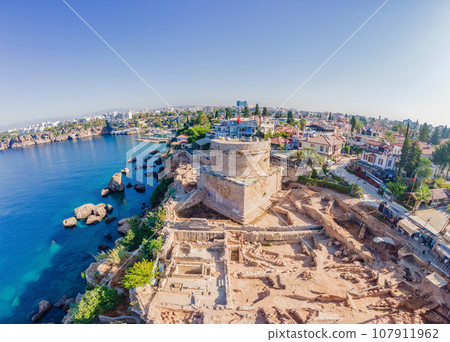 Hidirlik Tower, landmark of old town in Antalya Turkey. Drone view 107911962