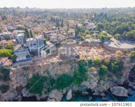 Hidirlik Tower, landmark of old town in Antalya Turkey. Drone view Hidirlik Tower, landmark of old town in Antalya Turkey. Drone view 107911963