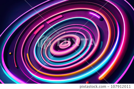 Neon rounded circle frame with shining effects on dark background  107912011