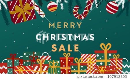 Christmas background template (green) decorated with present boxes, ornaments and candies 107912803