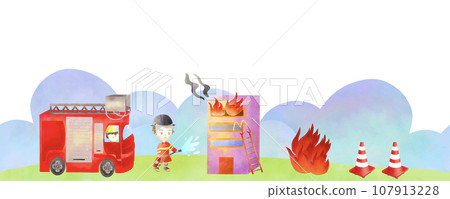 Watercolor seamless border with cartoon firefighters extinguishing the building fire. Firefighter and fire safety equipment hand-drawn. Fire safety banner poster illustration Watercolor seamless border with cartoon firefighters extinguishing the building fire. Firefighter and fire safety equipment hand-drawn. Fire safety banner poster illustration 107913228