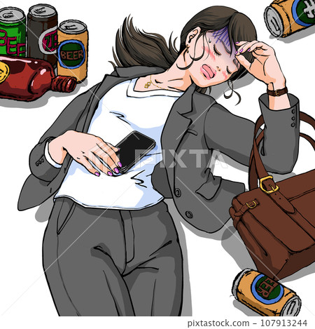 A young woman in a pants suit who is drunk and looks sick A young woman in a pants suit who is drunk and looks sick 107913244