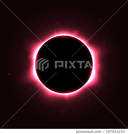 Sun full eclipse concept. Red solar glow background. Moon or planet total eclipse in dark space. Hot star surface flare with rays and beams effects. Vector illustration Sun full eclipse concept. Red solar glow background. Moon or planet total eclipse in dark space. Hot star surface flare with rays and beams effects. Vector illustration 107913253