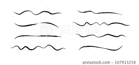 Rough jagged lines set. Grunge wavy brush strokes collection. Black underlines textured curved waves. Hand drawn imitation elements for banner, banner, decoration. Doodle uneven wiggles. Vector pack 107913258