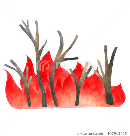 Wildfires cartoon illustration. Watercolor hand drawing in high quality. Wildfire, burn, fire, flame, disaster, emergency 107913415