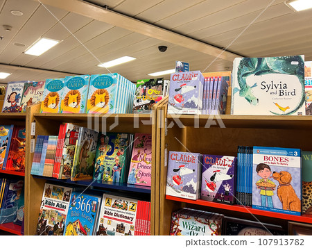 Colorful books with fairy tales for children in hardcovers stand on the shelves in a bookstore Colorful books with fairy tales for children in hardcovers stand on the shelves in a bookstore 107913782