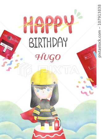 Firefighter happy birthday card. Superhero firefighter happy birthday poster template. Watercolor fire safety equipment hand-drawn. 107913838