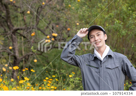 A man in work clothes managing garden trees 107914334