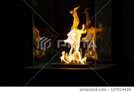 Modern bio fireplot fireplace on ethanol gas. Smart ecological alternative technologies. Contemporary biofuel on ethanol close-up. Energy saving innovation. Interior inside a house 107914426