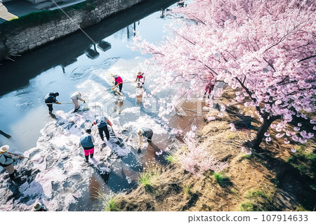 Group of volunteers cleaning garbages in the river, japanese comunity, blossom tree, generative AI. Group of volunteers cleaning garbages in the river, japanese comunity, blossom tree, generative AI. 107914633