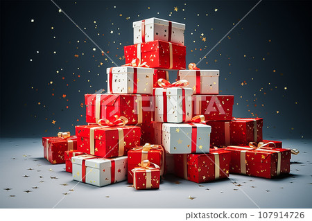Big pile of red and white giftboxes with golden star glitter, generative AI. 107914726