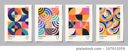 Set of Retro geometric pattern background. Creative covers or posters concept in modern bauhaus style for corporate identity, branding and social media advertising. 107915059
