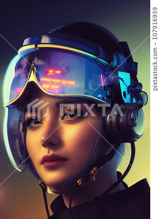 Portrait of a fictional futuristic female pilot in an aviation helmet and pilot's suit. Concept of futuristic pilots of the future. 3d rendering 107916939
