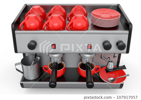 Professional espresso coffee machine with horn for two cups isolated on white 107917057