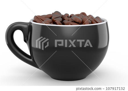 Ceramic coffee cup with coffee beans for americano, espresso, latte on white 107917132