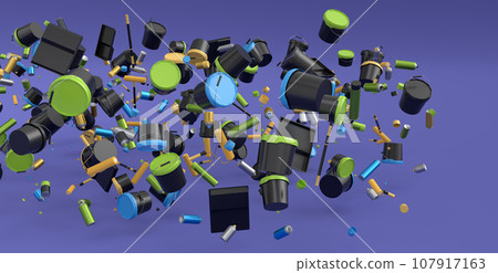 Many of flying plastic cans or buckets with paint roller, brush on violet Many of flying plastic cans or buckets with paint roller, brush on violet 107917163