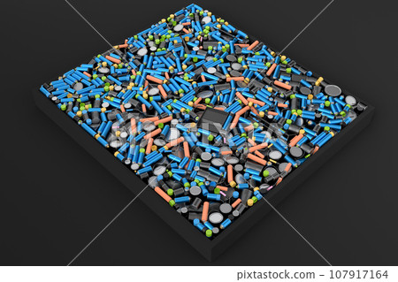 Pile of spray paint cans on black background. Spray bottle and dispenser 107917164