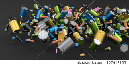 Many of flying metal cans or buckets with paint roller, brush on black Many of flying metal cans or buckets with paint roller, brush on black 107917165