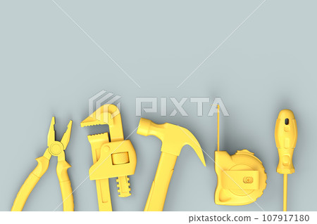 Top view of monochrome construction tools for repair on grey background 107917180