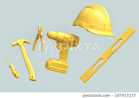 Flying view of monochrome construction tools for repair on grey background 107917237