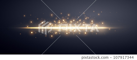 Gold horizontal lensflare. Light flash with rays or gold spotlight and bokeh. Yellow glow flare light effect. Vector illustration. Isolated on dark transparent background. 107917344