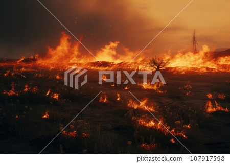 A fire in the steppe, burning grass, destroying everything in its path A fire in the steppe, burning grass, destroying everything in its path 107917598