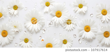 White banner with daisies and water drops White banner with daisies and water drops 107917614