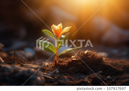 A small plant with a flower in the soil 107917697