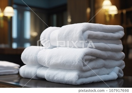 A white terry towel is lying in the hotel 107917698