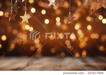 Banner with a garland of shiny stars made of gold paper, Christmas background with bokeh lights 107917699