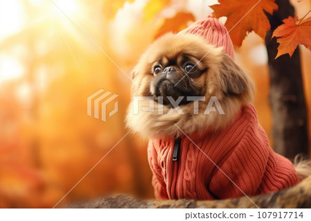 A Pekingese dog is sitting in an autumn forest in a warm sweater 107917714