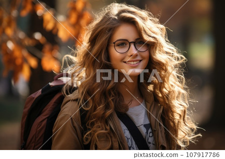 A student girl with a backpack and glasses in the park in autumn A student girl with a backpack and glasses in the park in autumn 107917786
