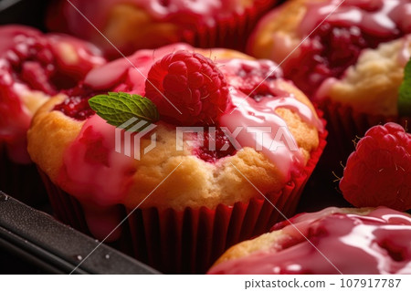 Cupcakes with raspberries in a baking dish Cupcakes with raspberries in a baking dish 107917787