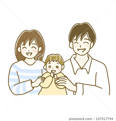 Illustration material: Family of three parents and children, smiling couple and baby (simple color) 107917794