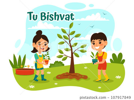 Happy Tu Bishvat Vector Illustration. Translation the Jewish New Year for Trees. Kids Planted a Tree in the Yard in Flat Cartoon Background Design 107917849