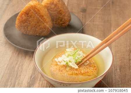 Grilled rice ball, chazuke, chopsticks Grilled rice ball, chazuke, chopsticks 107918045